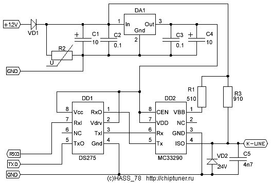 Ну и для самодельщиков - схема. два внешних, с разъемами OBD-II и GM-12...